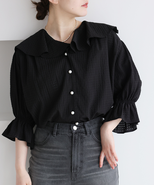 IENA 今期トップス BLACK 襟フリルブラウス（シャツ/ブラウス）｜IENA（イエナ）の