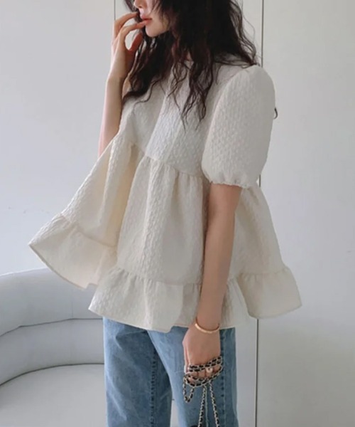 mielu(ミエル)の「ジャガードパフスリーブチュニック(シャツ/ブラウス・レディース・ピンク/ホワイト・LARGE/MEDIUM)」の2枚目の写真