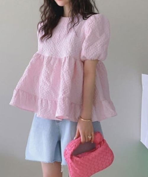 mielu(ミエル)の「ジャガードパフスリーブチュニック(シャツ/ブラウス・レディース・ピンク/ホワイト・LARGE/MEDIUM)」の1枚目の写真