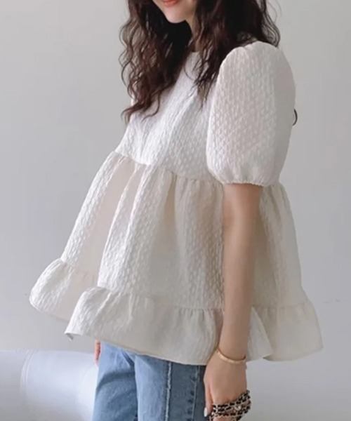 mielu(ミエル)の「ジャガードパフスリーブチュニック(シャツ/ブラウス・レディース・ピンク/ホワイト・LARGE/MEDIUM)」の9枚目の写真