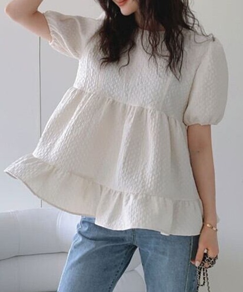 mielu(ミエル)の「ジャガードパフスリーブチュニック(シャツ/ブラウス・レディース・ピンク/ホワイト・LARGE/MEDIUM)」の10枚目の写真
