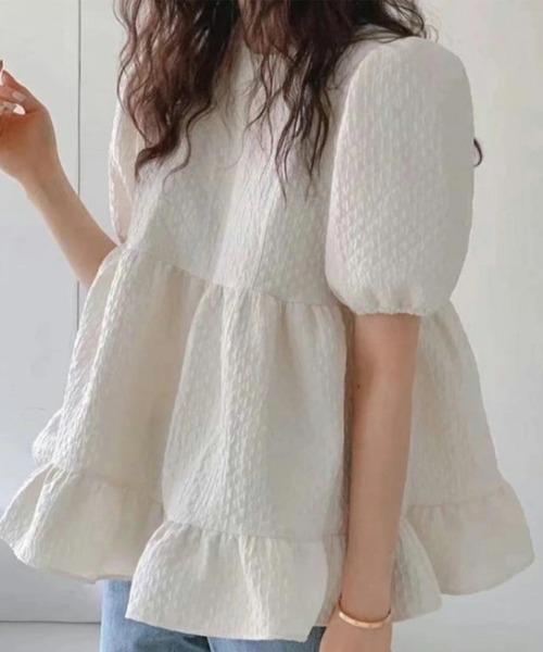mielu(ミエル)の「ジャガードパフスリーブチュニック(シャツ/ブラウス・レディース・ピンク/ホワイト・LARGE/MEDIUM)」の3枚目の写真