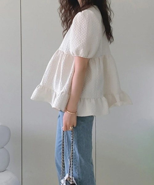 mielu(ミエル)の「ジャガードパフスリーブチュニック(シャツ/ブラウス・レディース・ピンク/ホワイト・LARGE/MEDIUM)」の4枚目の写真