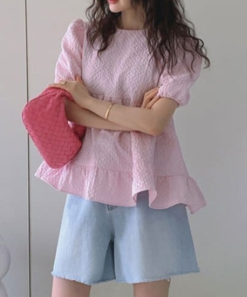 mielu(ミエル)の「ジャガードパフスリーブチュニック(シャツ/ブラウス・レディース・ピンク/ホワイト・LARGE/MEDIUM)」の6枚目の写真