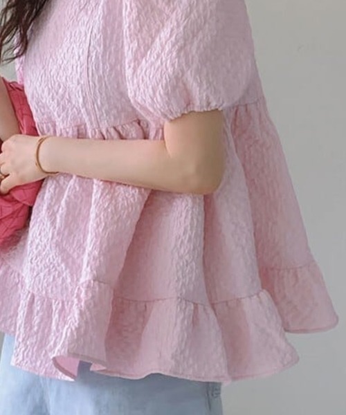 mielu(ミエル)の「ジャガードパフスリーブチュニック(シャツ/ブラウス・レディース・ピンク/ホワイト・LARGE/MEDIUM)」の7枚目の写真