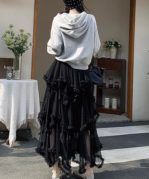 ADDITION STORE(アディションストア)の「\歩くたび揺れるラインが◎/ ランダムレース レイヤー ロングスカート(スカート・レディース・ブラック/オフホワイト・FREE)」の14枚目の写真
