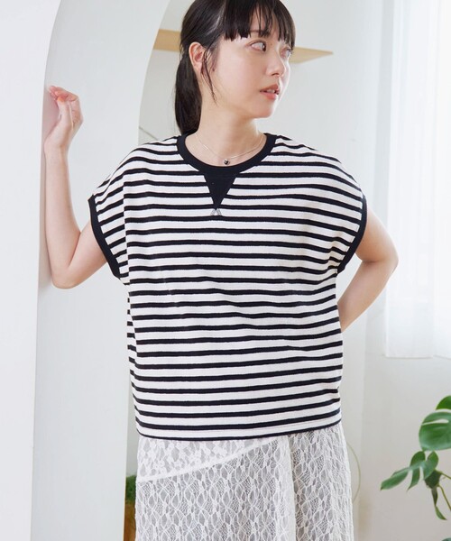 coen（コーエン）の「スラブボーダー フレンチスリーブTシャツ（Tシャツ/カットソー・レディース・ケリーグリーン/ブラック/ネイビー・L/M）」の2枚目の写真