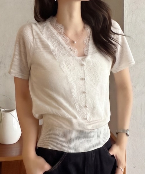 Eclat one(エクラワン)の「【Eclat one】クラシカル レース フロントボタン サマーニット(ニット/セーター・レディース・ベージュ/イエロー/ブラック/ホワイト・FREE)」の7枚目の写真