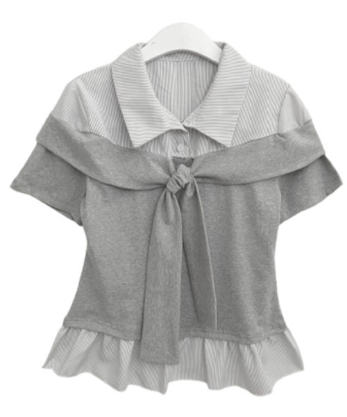 VIVID LADY(ビビッドレディー)の「ストライプシャツドッキング オフショルダー風 半袖トップス(Tシャツ/カットソー・レディース・グレー/ブラック・FREE)」の16枚目の写真