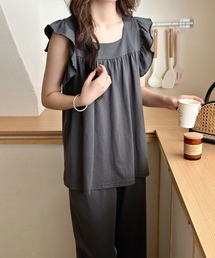 DAY CLOSET | 【セットアップ】華やぎシルエット。肩フリルスクエアネックトップス+ストレートロングパンツ ルームウェア上下2点セット レディース(ルームウェア/パジャマ)