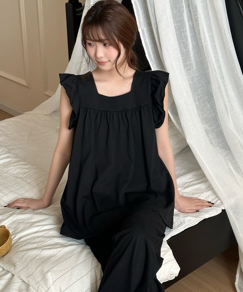 DAY CLOSET（デイ クローゼット）の「【セットアップ】華やぎシルエット。肩フリルスクエアネックトップス+ストレートロングパンツ ルームウェア上下2点セット レディース（ルームウェア/パジャマ・レディース・グレー/ブラック・M/L）」の14枚目の写真