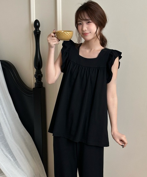 DAY CLOSET（デイ クローゼット）の「【セットアップ】華やぎシルエット。肩フリルスクエアネックトップス+ストレートロングパンツ ルームウェア上下2点セット レディース（ルームウェア/パジャマ・レディース・グレー/ブラック・M/L）」の15枚目の写真