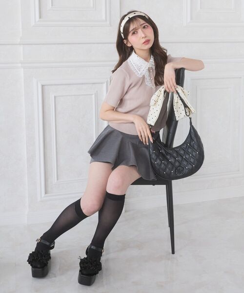 MAJESTIC LEGON(マジェスティックレゴン)の「レースリボン襟半袖リブニット(ニット/セーター・レディース・ライトグレー/ピンクベージュ/グレー/ブラック・MEDIUM)」の15枚目の写真