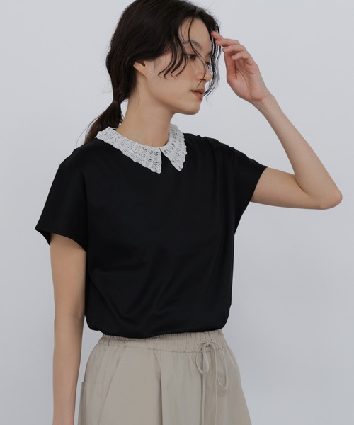 human woman(ヒューマンウーマン)の「◆【ウォッシャブル】レース衿スムースTシャツ(Tシャツ/カットソー・レディース・ブラック・MEDIUM)」の10枚目の写真