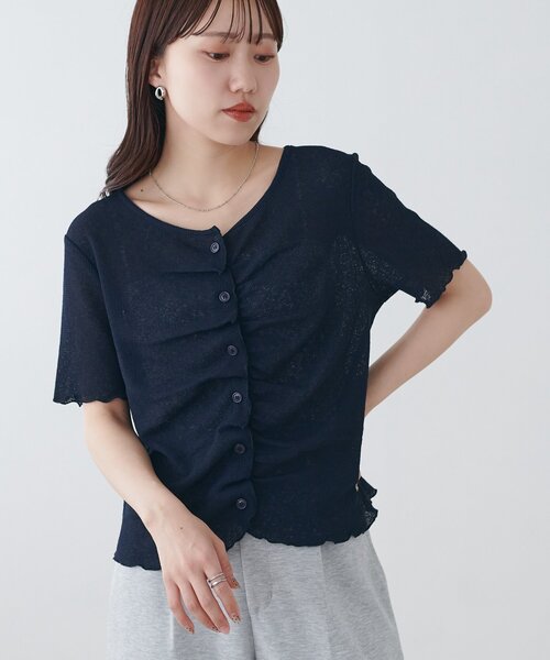 DISCOAT（ディスコート）の「シアーワッフルフロントギャザーTシャツ（Tシャツ/カットソー・レディース・ピンク/ネイビー/ホワイト/オフホワイト・FREE）」の15枚目の写真