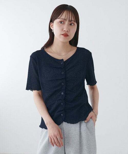 DISCOAT（ディスコート）の「シアーワッフルフロントギャザーTシャツ（Tシャツ/カットソー・レディース・ピンク/ネイビー/ホワイト/オフホワイト・FREE）」の13枚目の写真