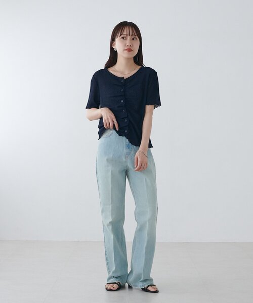DISCOAT（ディスコート）の「シアーワッフルフロントギャザーTシャツ（Tシャツ/カットソー・レディース・ピンク/ネイビー/ホワイト/オフホワイト・FREE）」の12枚目の写真