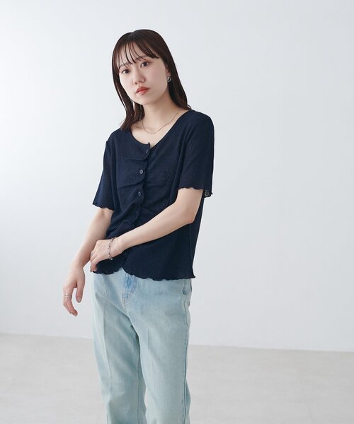 DISCOAT（ディスコート）の「シアーワッフルフロントギャザーTシャツ（Tシャツ/カットソー・レディース・ピンク/ネイビー/ホワイト/オフホワイト・FREE）」の11枚目の写真