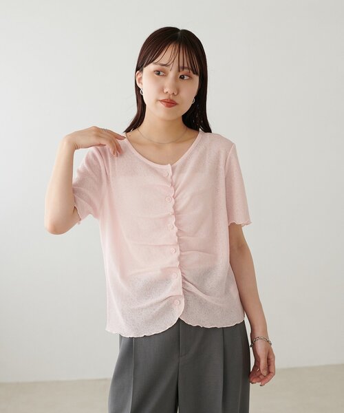 DISCOAT（ディスコート）の「シアーワッフルフロントギャザーTシャツ（Tシャツ/カットソー・レディース・ピンク/ネイビー/ホワイト/オフホワイト・FREE）」の7枚目の写真