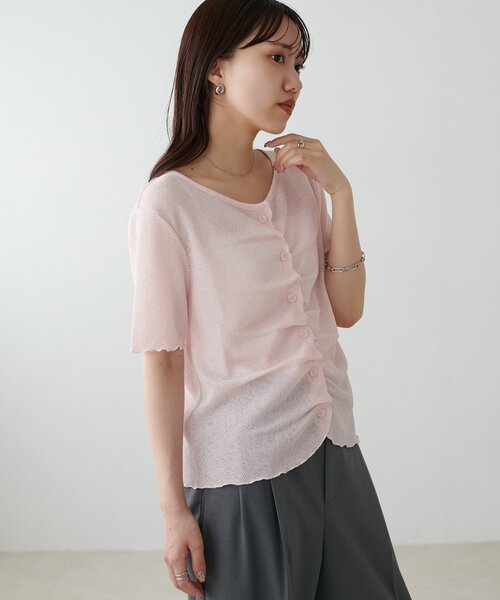 DISCOAT（ディスコート）の「シアーワッフルフロントギャザーTシャツ（Tシャツ/カットソー・レディース・ピンク/ネイビー/ホワイト/オフホワイト・FREE）」の6枚目の写真