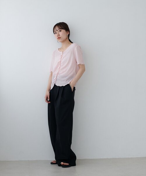 DISCOAT（ディスコート）の「シアーワッフルフロントギャザーTシャツ（Tシャツ/カットソー・レディース・ピンク/ネイビー/ホワイト/オフホワイト・FREE）」の5枚目の写真