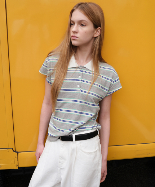 LEVAR(レバー)の「Stripe PK T-shirt - Melange Grey Stripe(Tシャツ/カットソー・レディース・その他・FREE)」の1枚目の写真