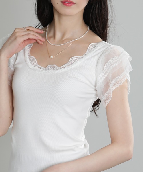 pumpkin port(パンプキンポート)の「レース袖リブカットソーTシャツ(Tシャツ/カットソー・レディース・ホワイト/ブラック・M)」の1枚目の写真