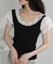 レース袖リブカットソーTシャツ