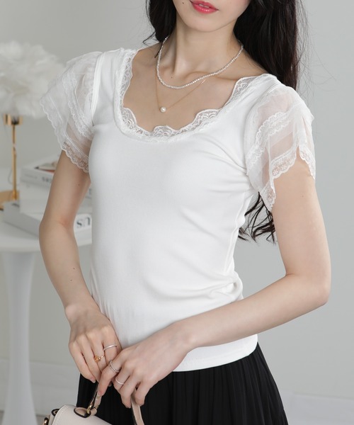 pumpkin port(パンプキンポート)の「レース袖リブカットソーTシャツ(Tシャツ/カットソー・レディース・ホワイト/ブラック・M)」の3枚目の写真