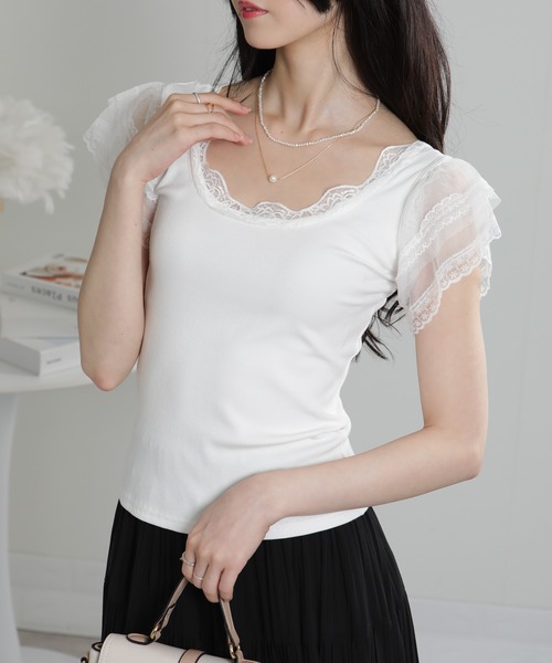 pumpkin port(パンプキンポート)の「レース袖リブカットソーTシャツ(Tシャツ/カットソー・レディース・ホワイト/ブラック・M)」の4枚目の写真