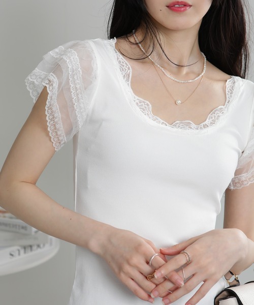 pumpkin port(パンプキンポート)の「レース袖リブカットソーTシャツ(Tシャツ/カットソー・レディース・ホワイト/ブラック・M)」の5枚目の写真