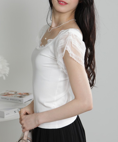 pumpkin port(パンプキンポート)の「レース袖リブカットソーTシャツ(Tシャツ/カットソー・レディース・ホワイト/ブラック・M)」の6枚目の写真