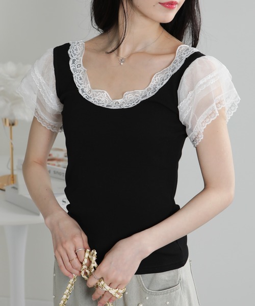 pumpkin port(パンプキンポート)の「レース袖リブカットソーTシャツ(Tシャツ/カットソー・レディース・ホワイト/ブラック・M)」の10枚目の写真
