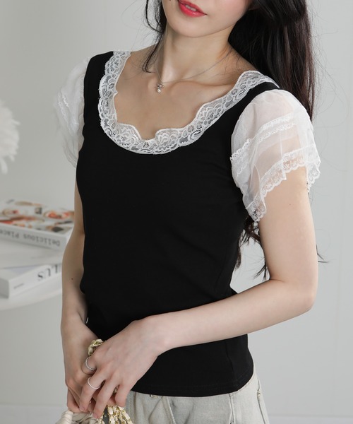 pumpkin port(パンプキンポート)の「レース袖リブカットソーTシャツ(Tシャツ/カットソー・レディース・ホワイト/ブラック・M)」の11枚目の写真