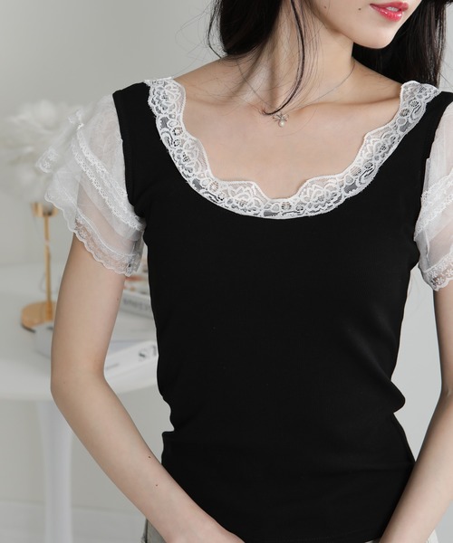 pumpkin port(パンプキンポート)の「レース袖リブカットソーTシャツ(Tシャツ/カットソー・レディース・ホワイト/ブラック・M)」の12枚目の写真