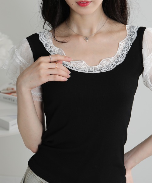 pumpkin port(パンプキンポート)の「レース袖リブカットソーTシャツ(Tシャツ/カットソー・レディース・ホワイト/ブラック・M)」の13枚目の写真