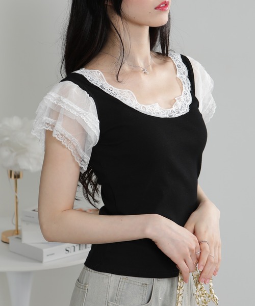 pumpkin port(パンプキンポート)の「レース袖リブカットソーTシャツ(Tシャツ/カットソー・レディース・ホワイト/ブラック・M)」の14枚目の写真
