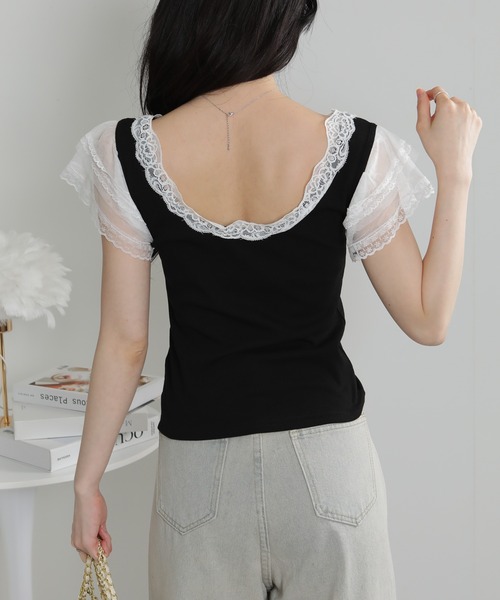 pumpkin port(パンプキンポート)の「レース袖リブカットソーTシャツ(Tシャツ/カットソー・レディース・ホワイト/ブラック・M)」の16枚目の写真