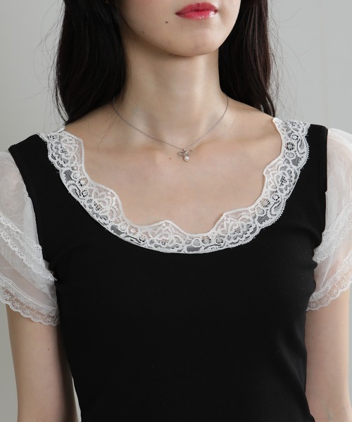 pumpkin port(パンプキンポート)の「レース袖リブカットソーTシャツ(Tシャツ/カットソー・レディース・ホワイト/ブラック・M)」の20枚目の写真
