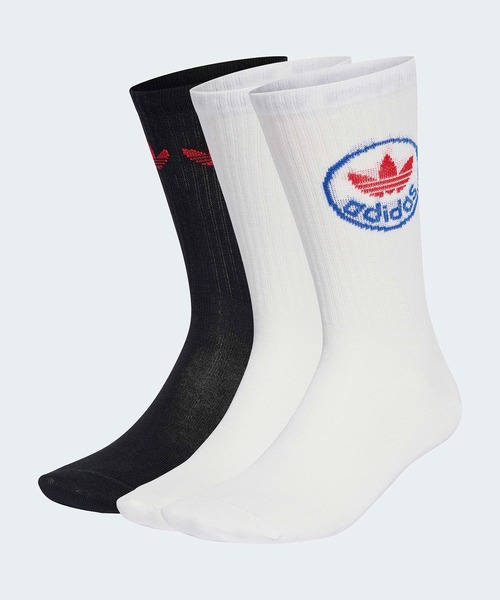 adidas(アディダス)の「adidas/アディダス HERI TREFOILS CREW SOCK トレフォイル クルーソックス 3足組 3足セット リブソックス クルー丈 ブランドロゴ メンズ レディース 2026年 夏 夏服(ソックス/靴下・メンズ・ホワイト/マルチ・S/M)」の2枚目の写真