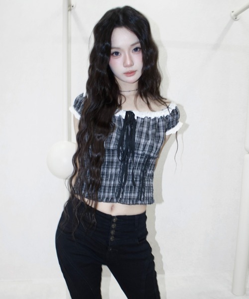 REINE NOIRE(レーヌノワール)の「noire check tops. / ノワール チェック トップス(シャツ/ブラウス・レディース・ブラック×ホワイト・FREE)」の6枚目の写真