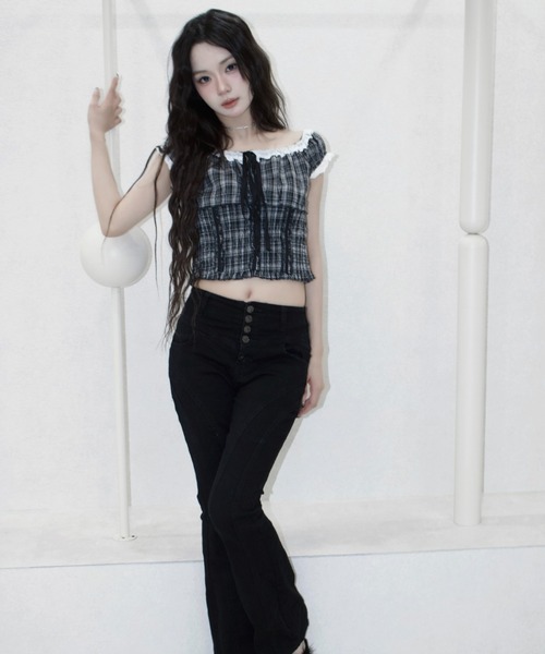 REINE NOIRE(レーヌノワール)の「noire check tops. / ノワール チェック トップス(シャツ/ブラウス・レディース・ブラック×ホワイト・FREE)」の5枚目の写真