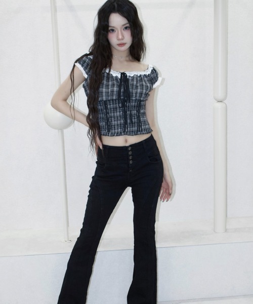 REINE NOIRE(レーヌノワール)の「noire check tops. / ノワール チェック トップス(シャツ/ブラウス・レディース・ブラック×ホワイト・FREE)」の3枚目の写真
