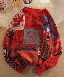 熊刺繍パッチワーク風ケーブルニット