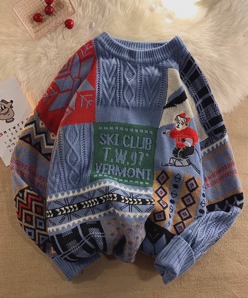 Ressaca(レサーカ)の「熊刺繍パッチワーク風ケーブルニット(ニット/セーター・メンズ・ブルー/レッド/アイボリー・L/M)」の2枚目の写真