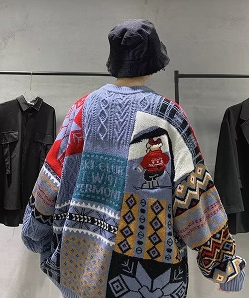 Ressaca(レサーカ)の「熊刺繍パッチワーク風ケーブルニット(ニット/セーター・メンズ・ブルー/レッド/アイボリー・L/M)」の9枚目の写真