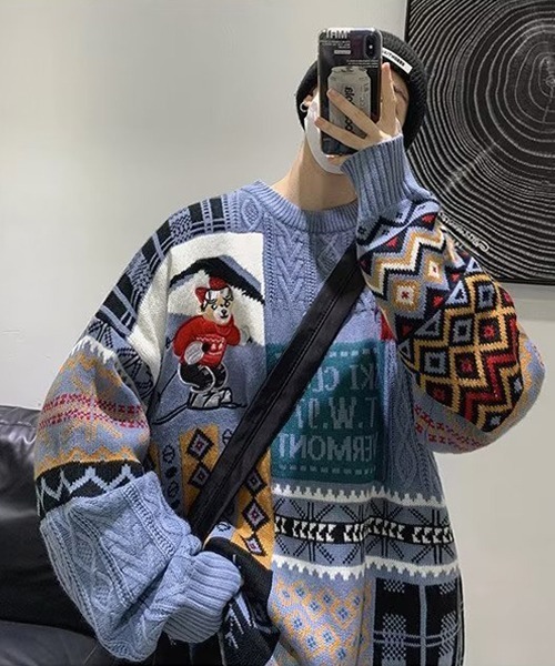 Ressaca(レサーカ)の「熊刺繍パッチワーク風ケーブルニット(ニット/セーター・メンズ・ブルー/レッド/アイボリー・L/M)」の8枚目の写真