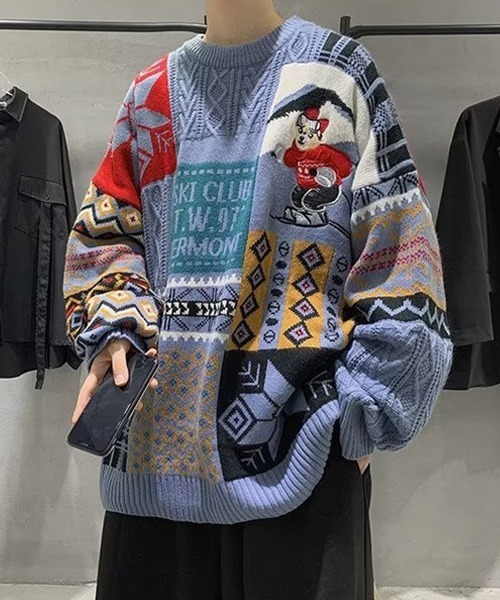 Ressaca(レサーカ)の「熊刺繍パッチワーク風ケーブルニット(ニット/セーター・メンズ・ブルー/レッド/アイボリー・L/M)」の5枚目の写真
