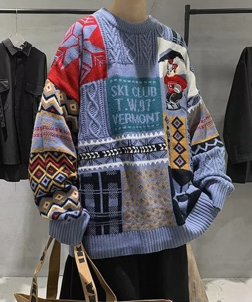 Ressaca(レサーカ)の「熊刺繍パッチワーク風ケーブルニット(ニット/セーター・メンズ・ブルー/レッド/アイボリー・L/M)」の7枚目の写真