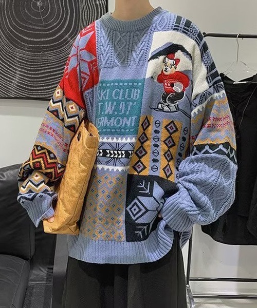 Ressaca(レサーカ)の「熊刺繍パッチワーク風ケーブルニット(ニット/セーター・メンズ・ブルー/レッド/アイボリー・L/M)」の6枚目の写真